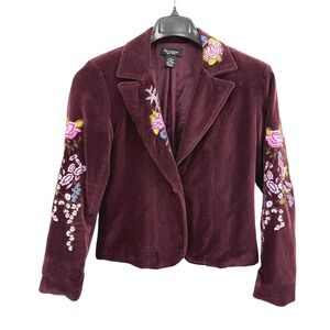 Persaman Velvet Embroidered Blazer Burgundy Floral Boho Pre-Owned Womens Small